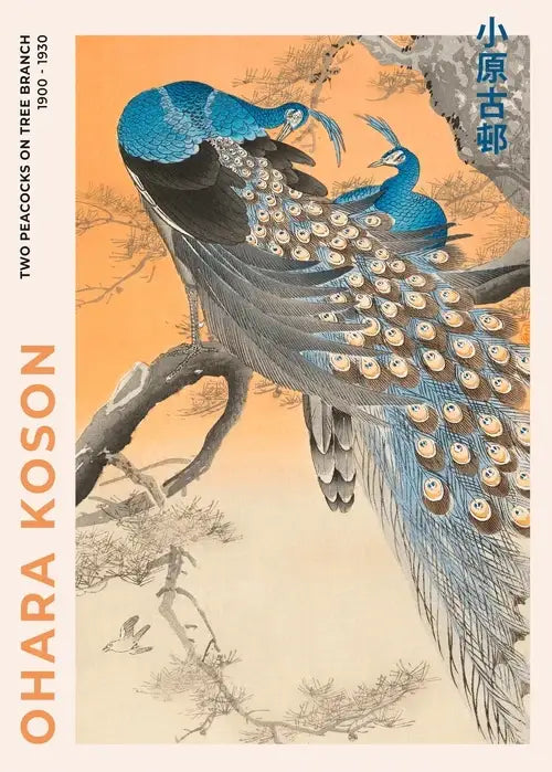 Decorbites™ japanese hokusai art poster print on canvas featuring a vibrant blue peacock in woodblock style