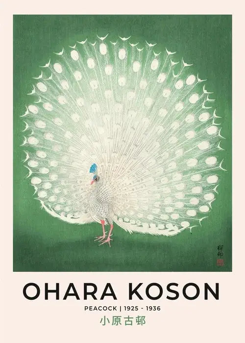 Decorbites™ japanese hokusai art poster print on canvas featuring a white peacock with blue crest and pink legs