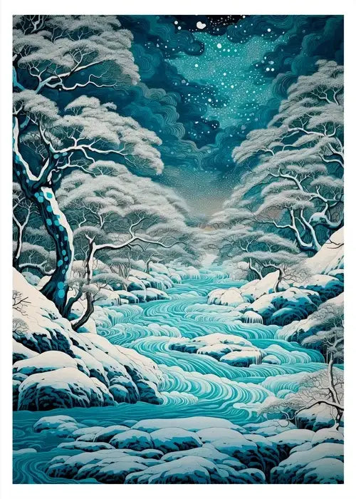DecorBites™ japanese katsushika hokusai canvas art print featuring a serene winter river scene for home decor