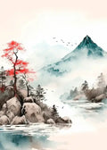 A decorbites™ japanese katsushika hokusai canvas art print featuring a serene misty mountain and red maple tree for home decor
