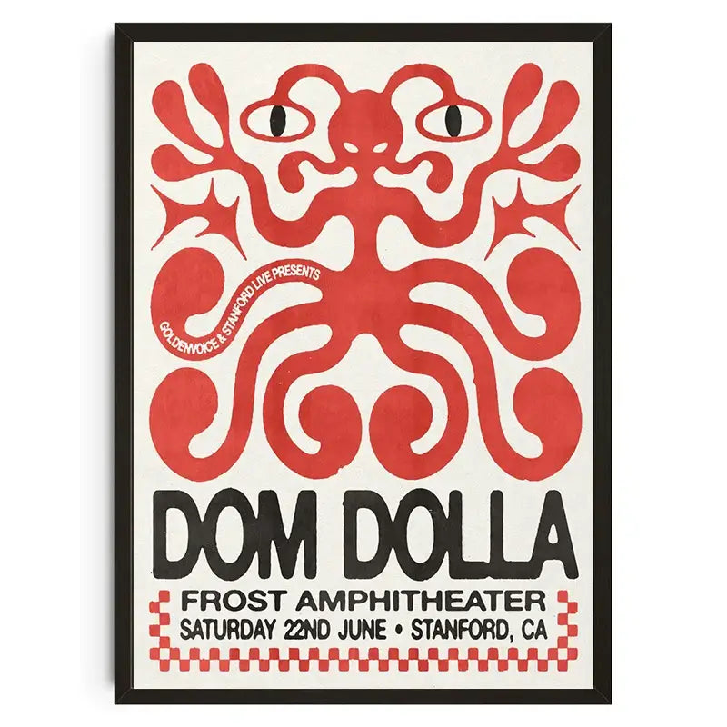 A framed canvas wall art featuring a bold red octopus with black text for dom dolla’s concert and koi cat abstract design