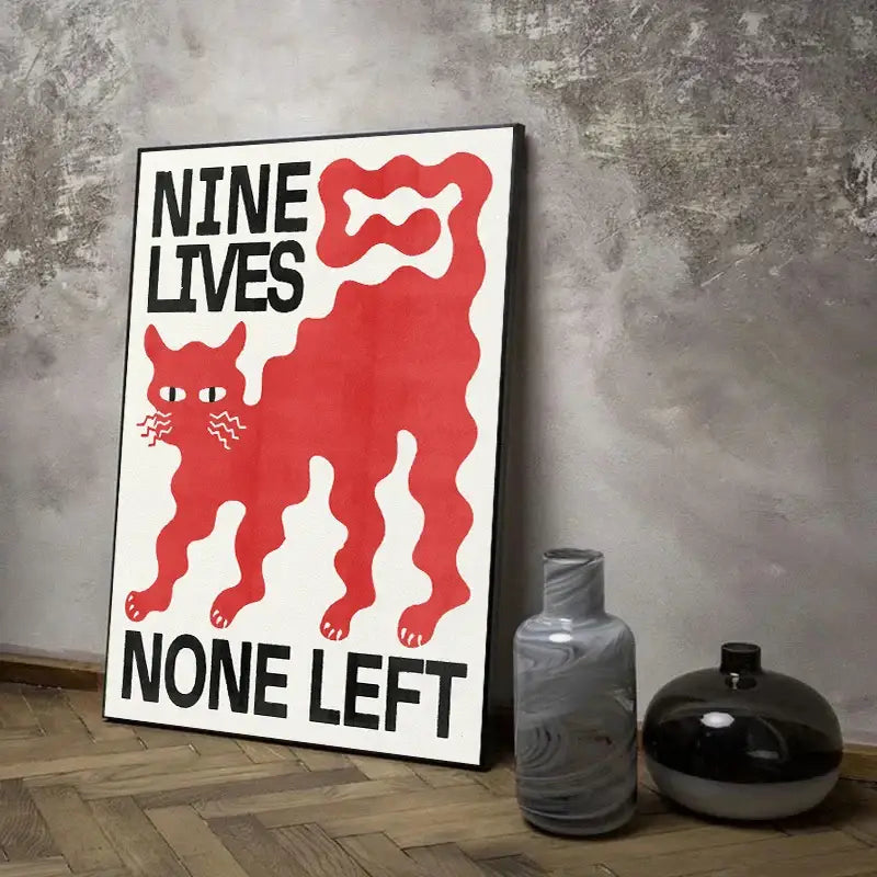 Red stylized japanese koi cat abstract canvas wall art poster with bold black text nine lives none left framed in black