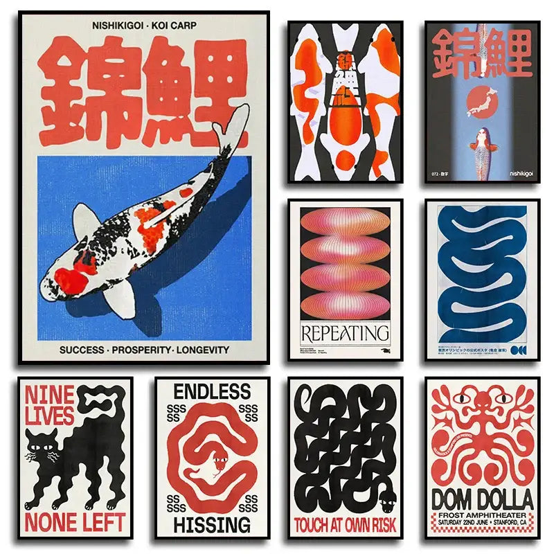 Decorbites™ japanese koi cat abstract canvas wall art features a vibrant red and black koi cat abstract fish design