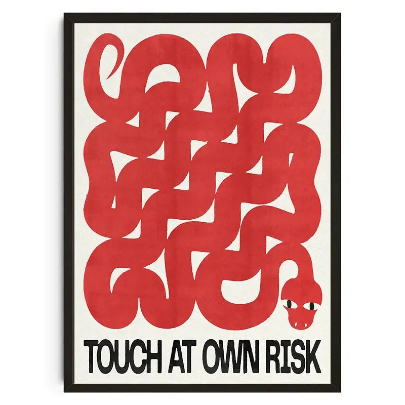 Decorbites™ japanese koi cat abstract animals wall art featuring a bold red snake design on cream background with black frame