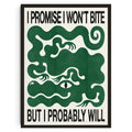 A framed cream decorbites™ wall art with bold black text and a stylized green snake alongside japanese koi cat design