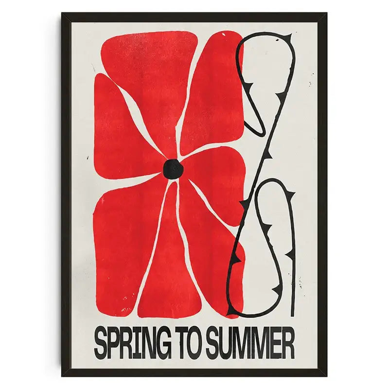 A framed decorbites™ canvas wall art featuring a bold red flower with black thorns and spring to summer text koi cat design