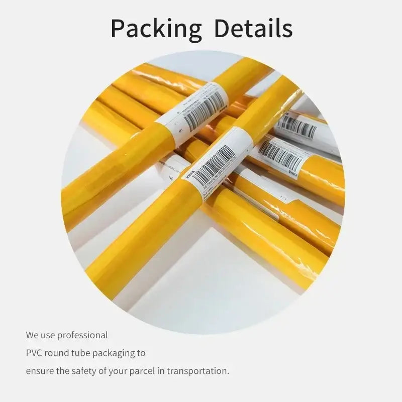 Yellow pvc round tubes wrapped in clear plastic with white barcode labels for decorbites japanese koi cat abstract canvas wall art