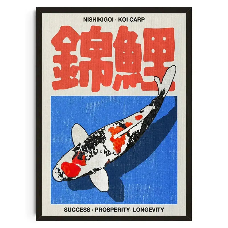 A framed poster print of a japanese koi cat abstract featuring a black white and red koi on a bold blue background