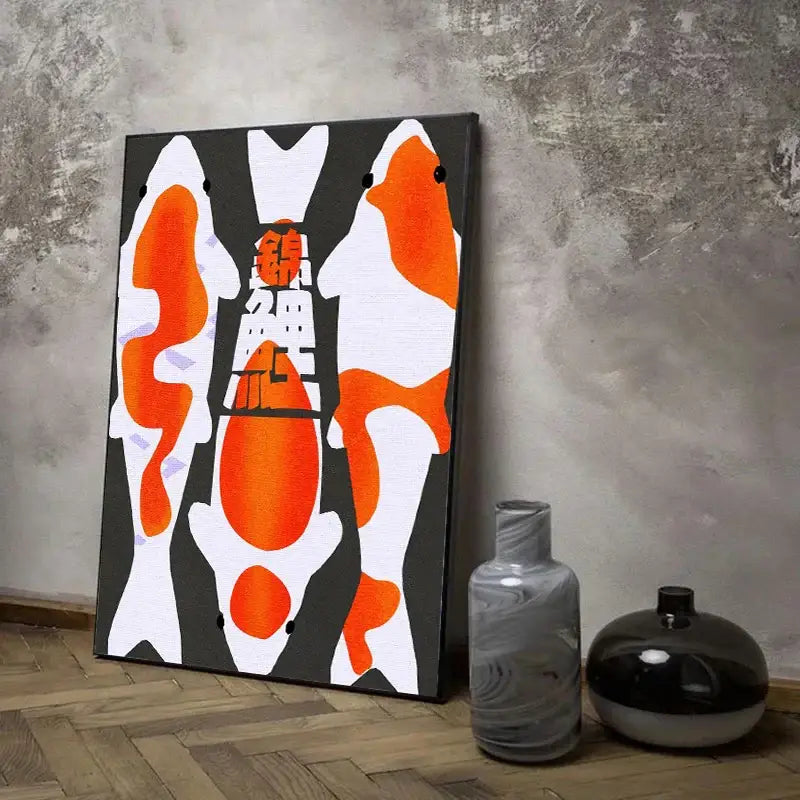 A modern DecorBites™ Japanese koi cat abstract canvas wall art print with orange and white koi fish and bold characters