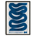 A framed canvas wall art featuring bold blue abstract waves and japanese text in a decorbites™ japanese koi design