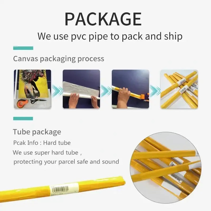 Yellow pvc pipe packaging for DecorBites™ japanese koi cat canvas wall art featuring koi cat design