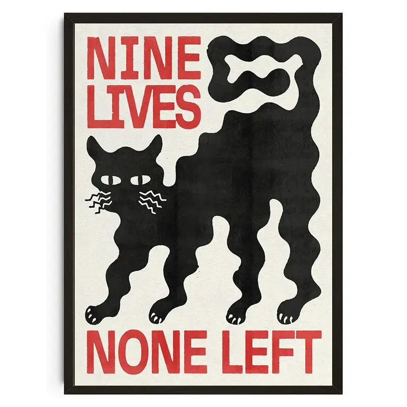 DecorBites™ Japanese koi cat wall art print featuring a black cat poster with bold red text framed in black