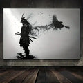 DecorBites™ black samurai man wall art with crow ink-stroke on gray textured canvas for living room decor