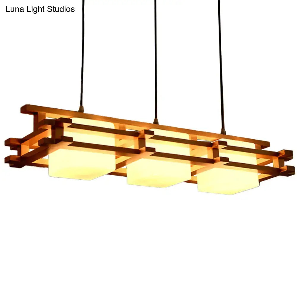 DecorBites™ Japanese Wood Ceiling Pendant with Blown Glass: Cube Restaurant Island Light Fixture - 3 Bulbs