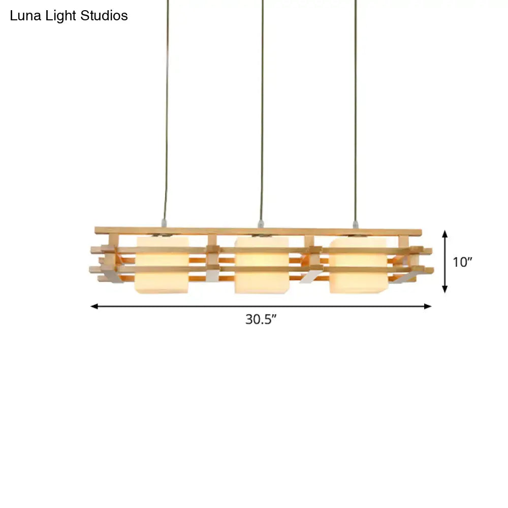 DecorBites™ Japanese Wood Ceiling Pendant with Blown Glass: Cube Restaurant Island Light Fixture - 3 Bulbs