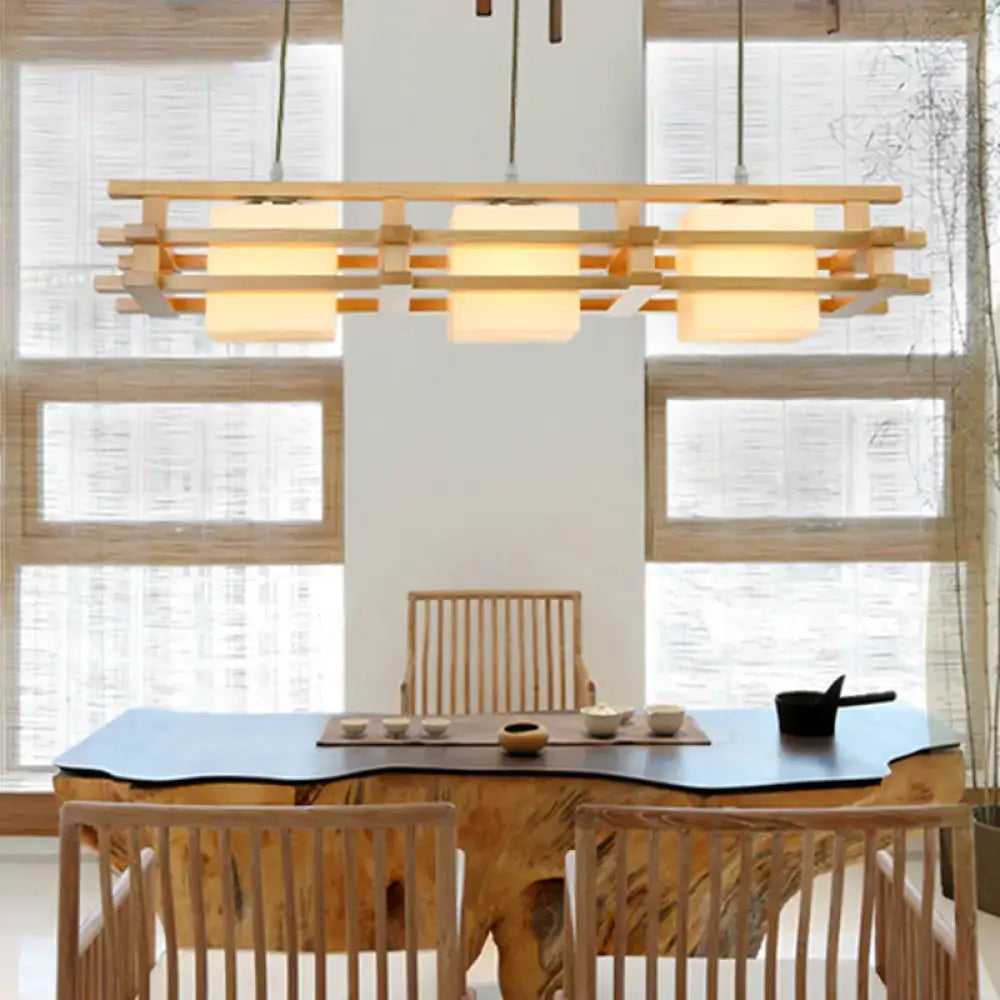 DecorBites™ Japanese Wood Ceiling Pendant with Blown Glass: Cube Restaurant Island Light Fixture - 3 Bulbs