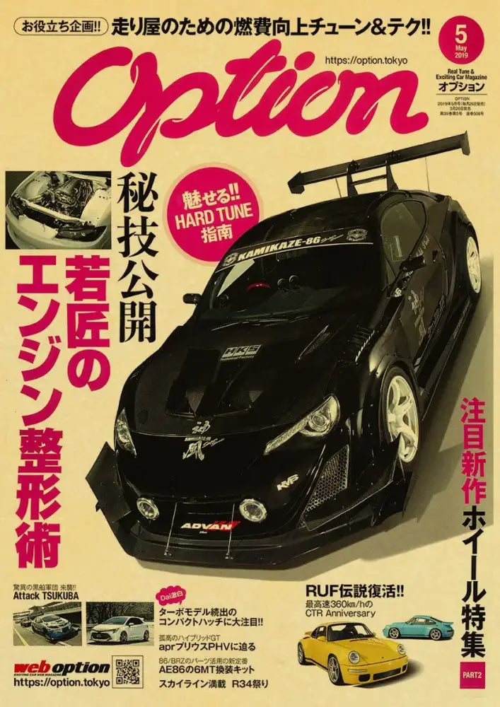 Decorbites™ jdm retro racing car poster featuring a black matte sports car with white rims and aerodynamic body kit