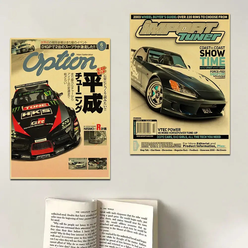 Two magazine covers featuring black and red jdm retro racing cars and a dark green sports car for racing car poster prints