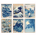 Set of six framed ukiyo-e prints in blue and cream featuring katsushika hokusai blue waves with traditional borders