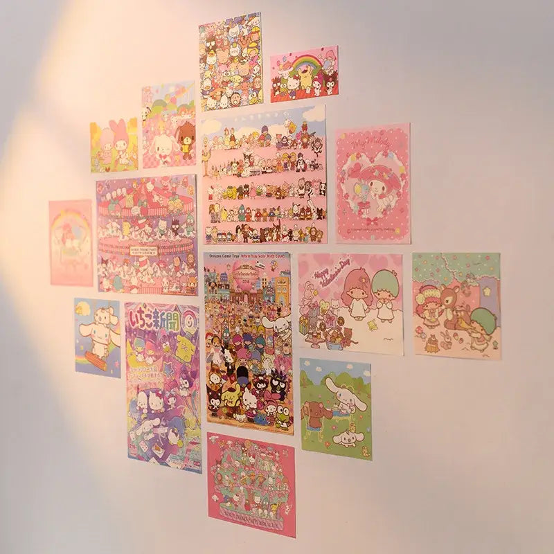 A colorful pastel-toned kawaii hellokitty monthly poster set arranged in a heart shape for decorbites™ collection