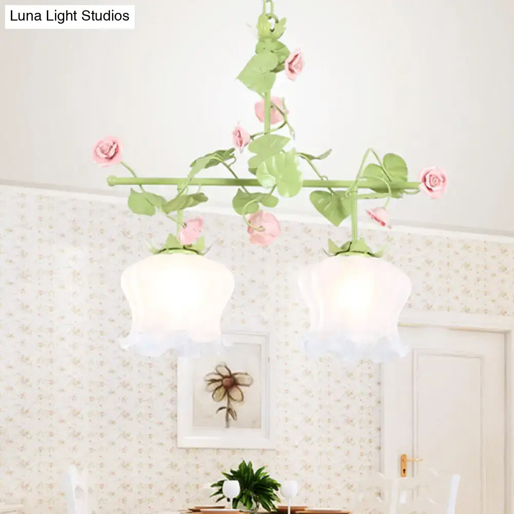 DecorBites™ Korean Garden Hanging Light Fixture with White Glass and Floral Design