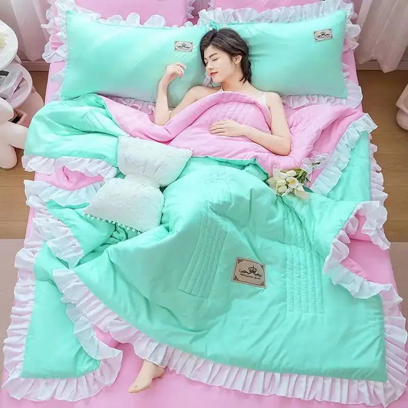 DecorBites™ Korean Princess Ruffles Embroidered Quilt Set