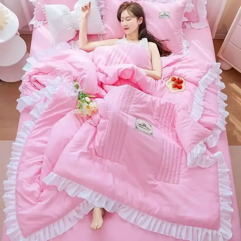 DecorBites™ Korean Princess Ruffles Embroidered Quilt Set