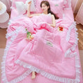 Pink quilted summer quilt with white princess ruffles trim and decorative patch from decorbites korean princess ruffles set