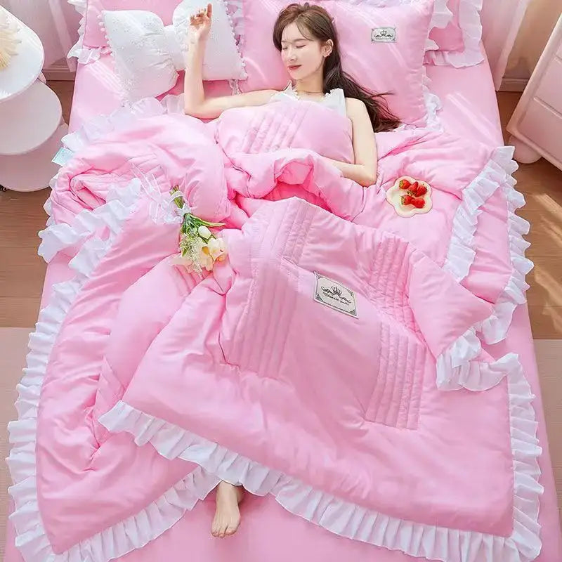 DecorBites™ Korean Princess Ruffles Embroidered Quilt Set