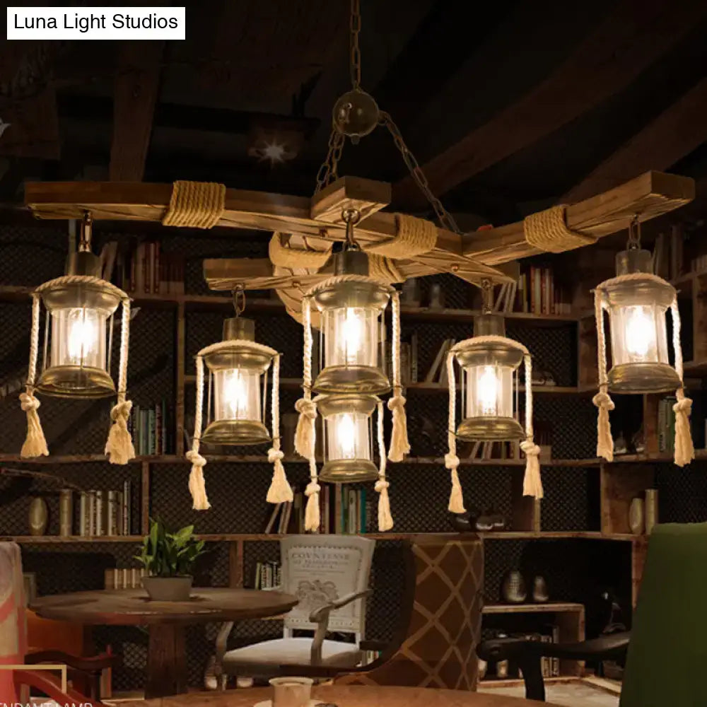 DecorBites™ Lantern Restaurant Island Light - Clear Glass & Wood Hanging Lamp with 6 Lights