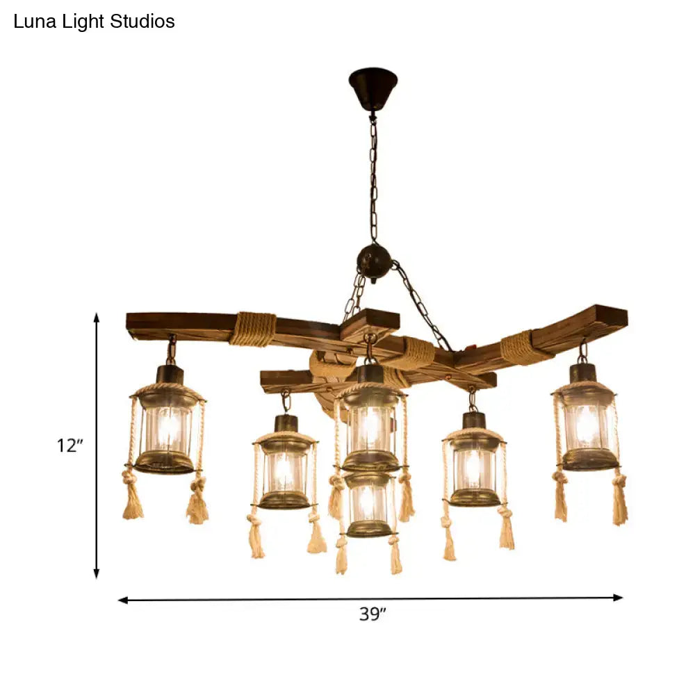 DecorBites™ Lantern Restaurant Island Light - Clear Glass & Wood Hanging Lamp with 6 Lights