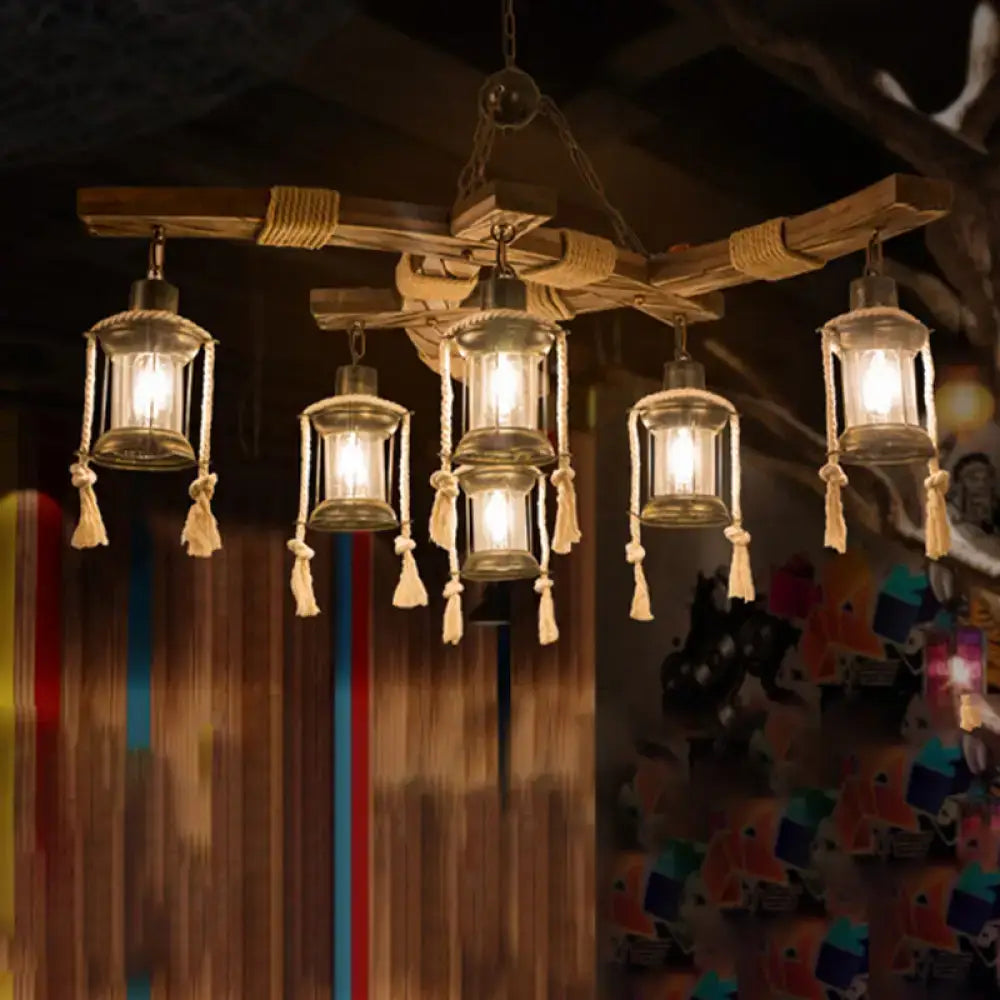 DecorBites™ Lantern Restaurant Island Light - Clear Glass & Wood Hanging Lamp with 6 Lights