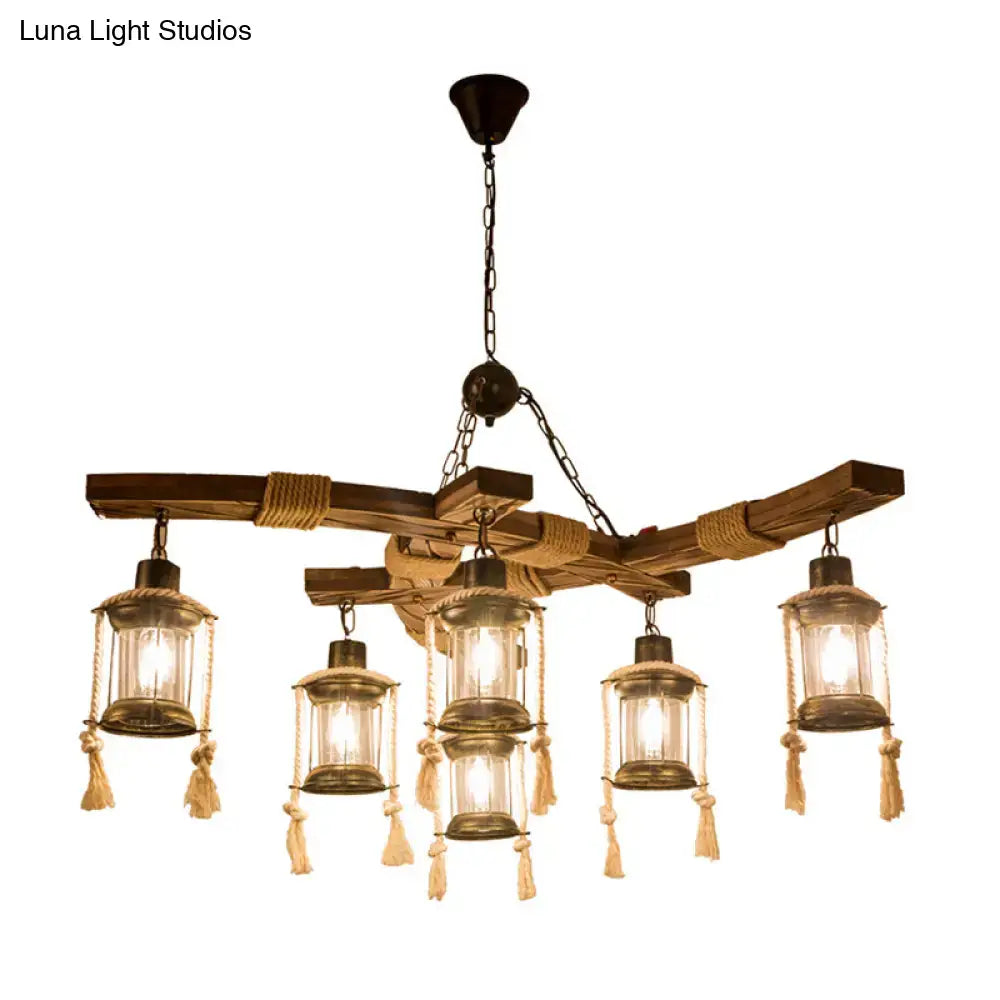 DecorBites™ Lantern Restaurant Island Light - Clear Glass & Wood Hanging Lamp with 6 Lights