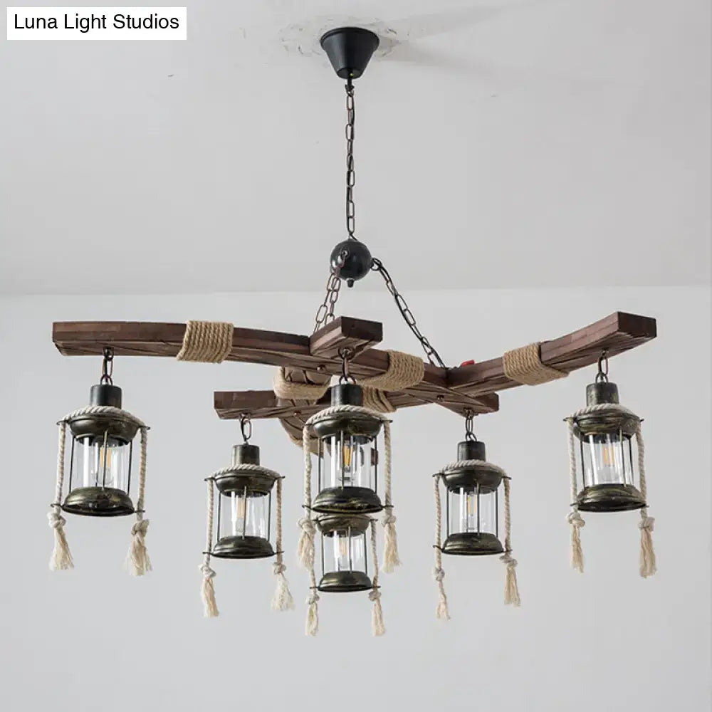 DecorBites™ Lantern Restaurant Island Light - Clear Glass & Wood Hanging Lamp with 6 Lights