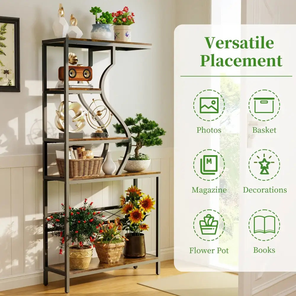 DecorBites™ large 5-tier industrial plant stand shelf with black metal and wood featuring a curved design