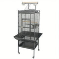 Black metal large bird cage with wooden perches and feeding stations on wheeled stand by decorbites steel frame