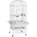 Decorbites large chalk white bird cage with arched top, white metal, wooden perch, and tray base on wheels