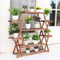 Decorbites™ large wood flower rack plant stand with rustic a-frame design holding white ceramic potted plants