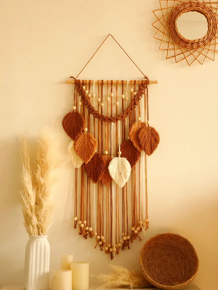 DecorBites™ Leaf Macrame Tapestry Brown Green Wall Tapestry Boho Home Decoration Macrame Wall Hanging Home Living Room Decors Aesthetic Gift