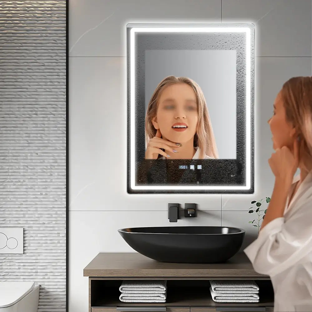 DecorBites™ LED Bathroom Mirror: Adjustable Brightness, Anti-Fog, Time Display
