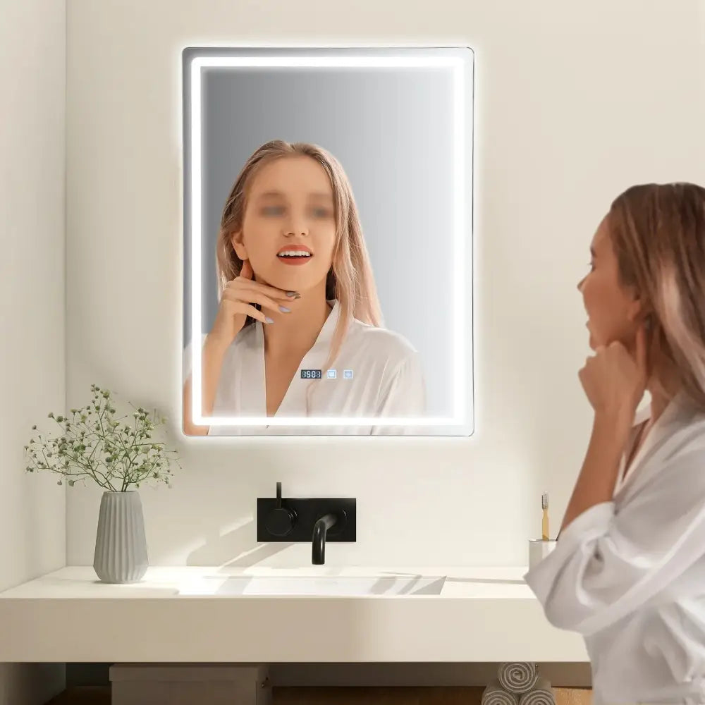 DecorBites™ LED Bathroom Mirror: Adjustable Brightness, Anti-Fog, Time Display
