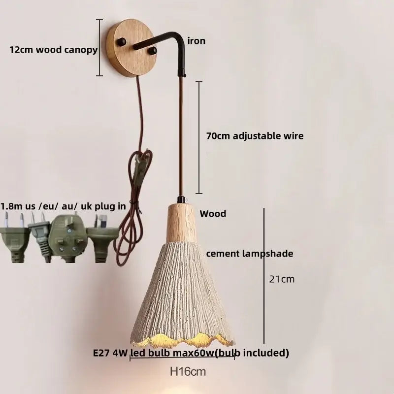 DecorBites™ LED Cement Wall Light with Pull Chain & Wood Socket - Nordic Modern Sconce