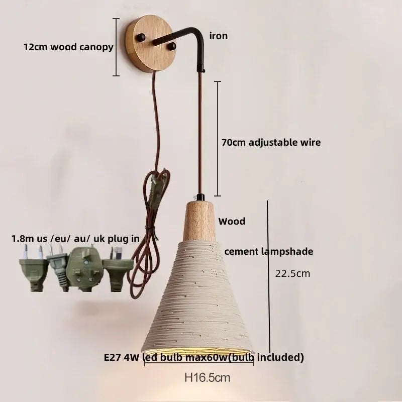 DecorBites™ LED Cement Wall Light with Pull Chain & Wood Socket - Nordic Modern Sconce