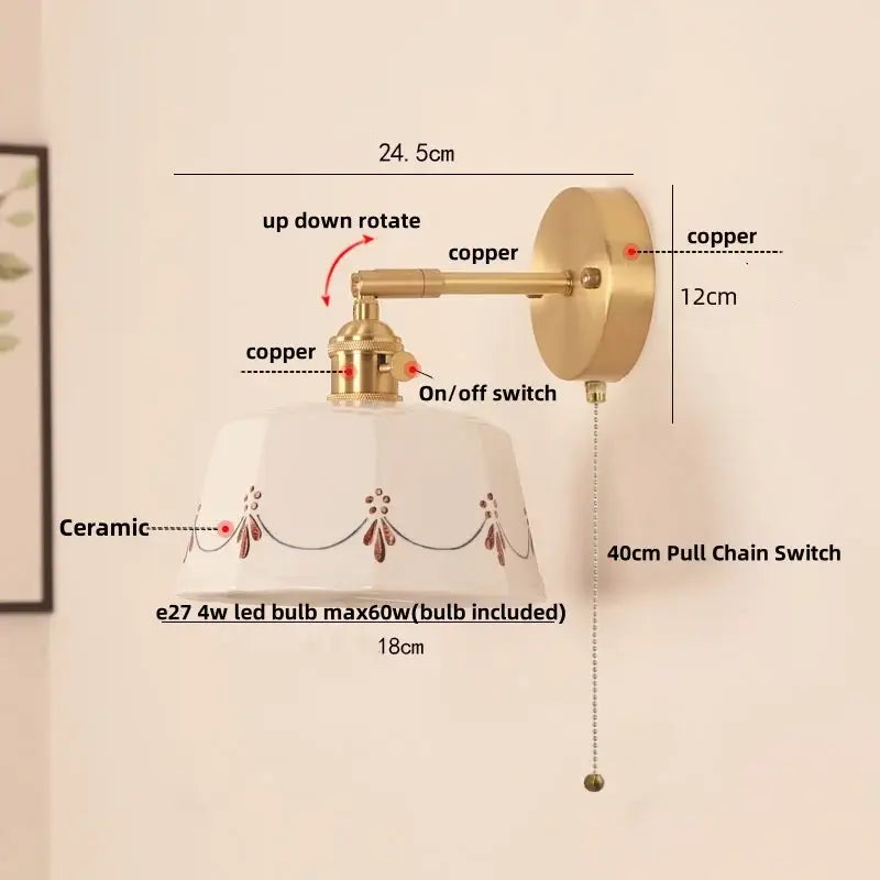 DecorBites™ LED Ceramic Wall Lamp - Pull Chain Switch, Rotating Up Down Light