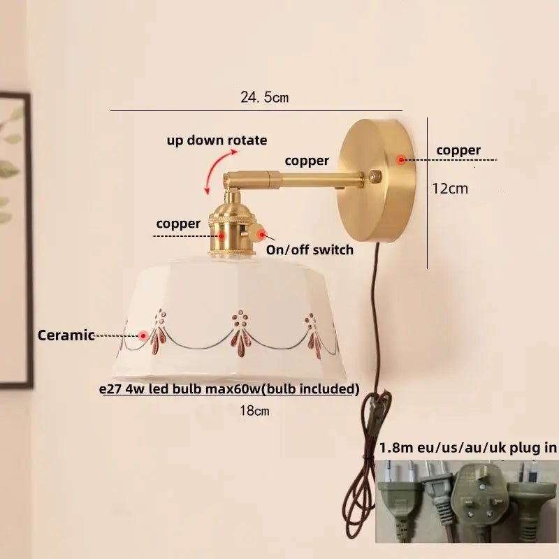 DecorBites™ LED Ceramic Wall Lamp - Pull Chain Switch, Rotating Up Down Light