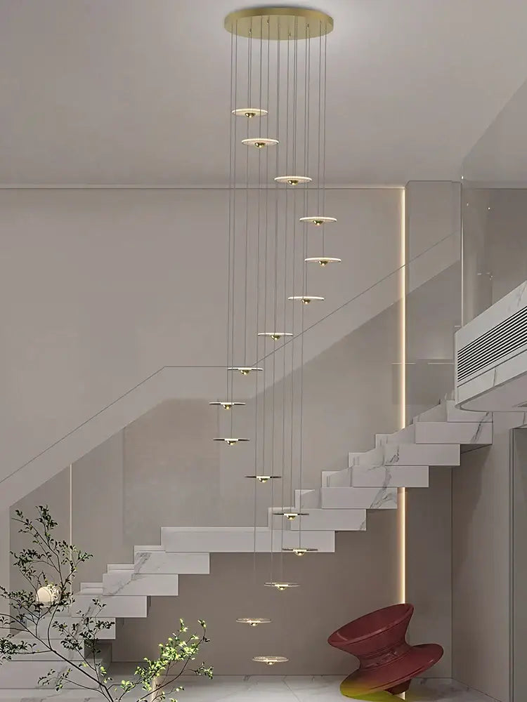 Modern minimalist gold led chandelier for revolving staircase loft