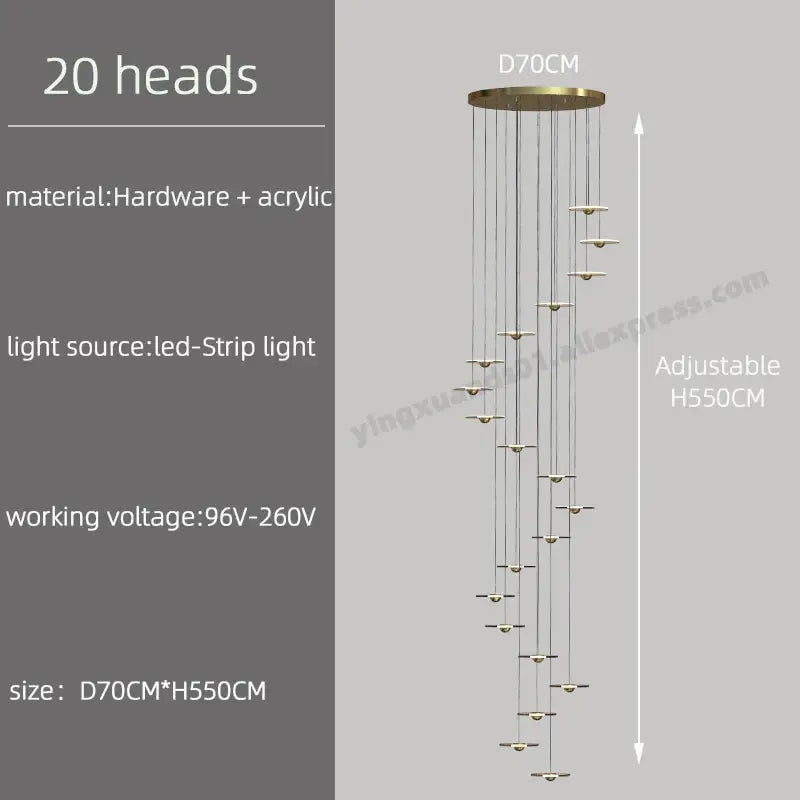 Modern minimalist gold led chandelier for revolving staircase loft