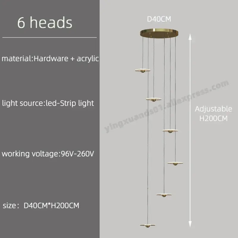 Modern minimalist gold led chandelier for revolving staircase loft