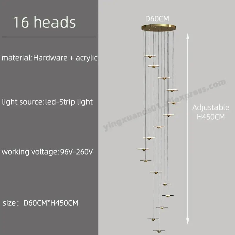 Modern minimalist gold led chandelier for revolving staircase loft
