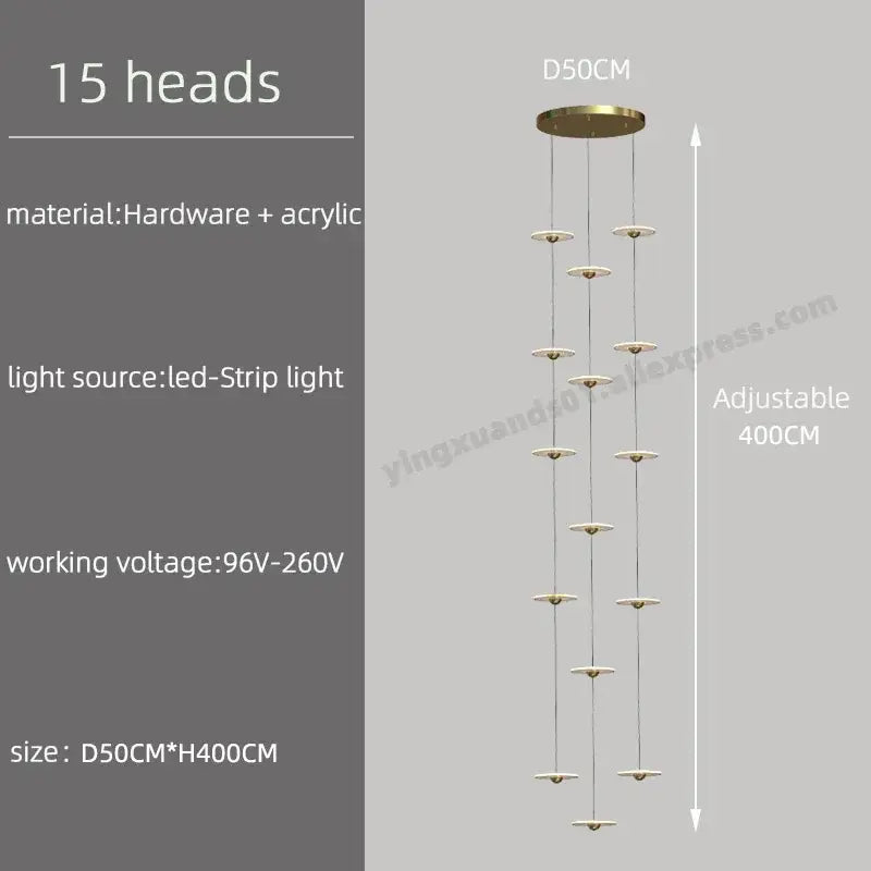 Modern minimalist gold led chandelier for revolving staircase loft